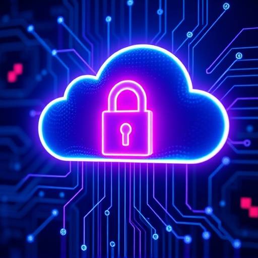 Graphic representing cloud security concepts, including data encryption, access control, and threat detection.